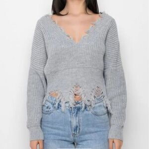 Akira Gray Sweater Weather Distressed Long Sleeve Cropped Sweater Size M
